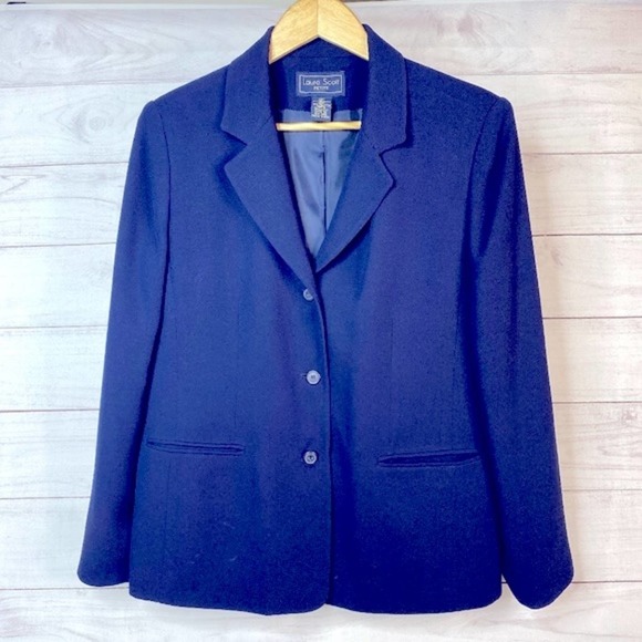 Laura Scott Vintage Navy Blue Single Breasted Suit Jacket Size 12 Petite - Picture 1 of 16